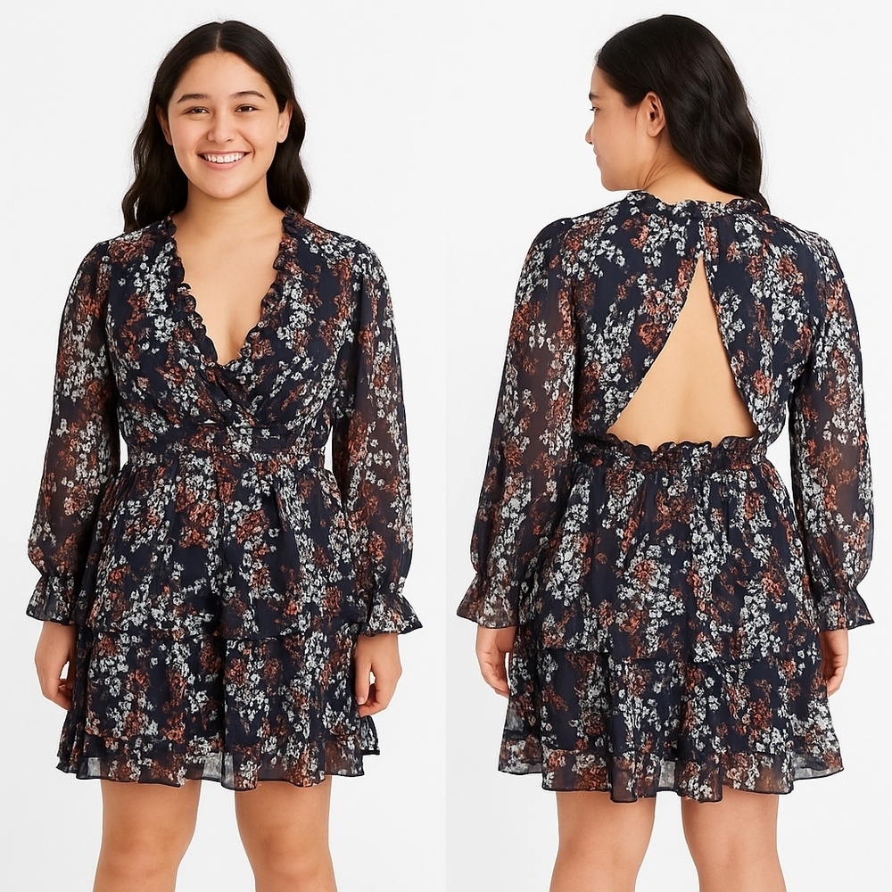 Navy Dress With  Deep V-Neck and Keyhole Back Size Med NWOT